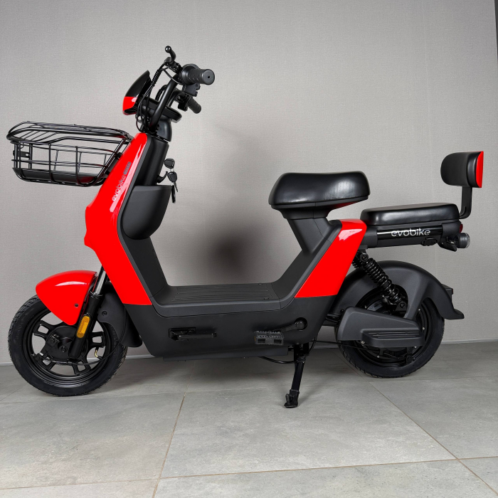 EVOBIKE YOTA 800W 48V 20Ah червоний — двомісний міський електровелосипед із графеновим акумулятором, переднім металевим кошиком, подвійною амортизацією, LED-дисплеєм, сигналізацією, поворотниками, до 35 км/год