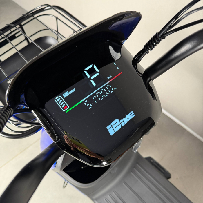 EVOBIKE YOTA 800W 48V 20Ah синій — двомісний міський електровелосипед із графеновим акумулятором, переднім металевим кошиком, подвійною амортизацією, LED-дисплеєм, сигналізацією, поворотниками, до 35 км/год