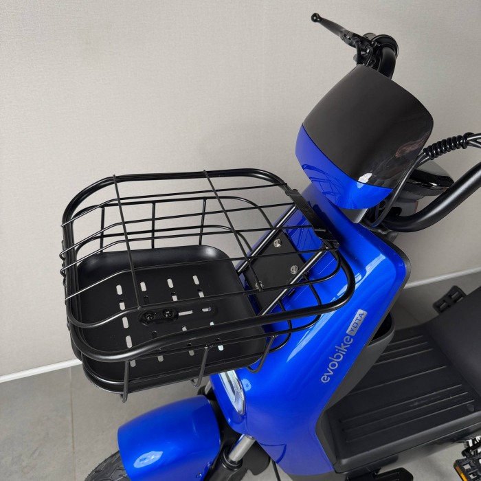 EVOBIKE YOTA 800W 48V 20Ah синій — двомісний міський електровелосипед із графеновим акумулятором, переднім металевим кошиком, подвійною амортизацією, LED-дисплеєм, сигналізацією, поворотниками, до 35 км/год