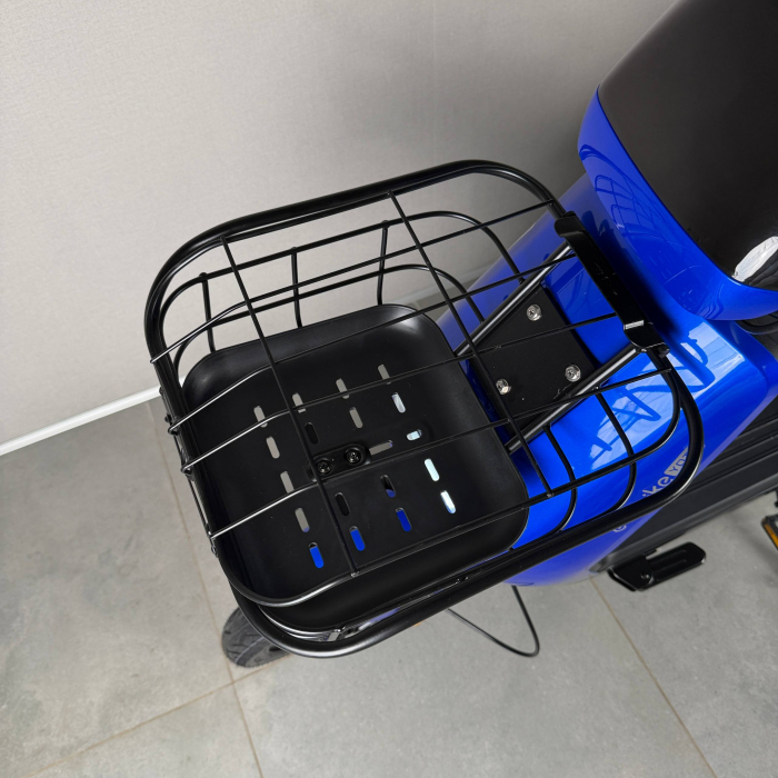 EVOBIKE YOTA 800W 48V 20Ah синій — двомісний міський електровелосипед із графеновим акумулятором, переднім металевим кошиком, подвійною амортизацією, LED-дисплеєм, сигналізацією, поворотниками, до 35 км/год