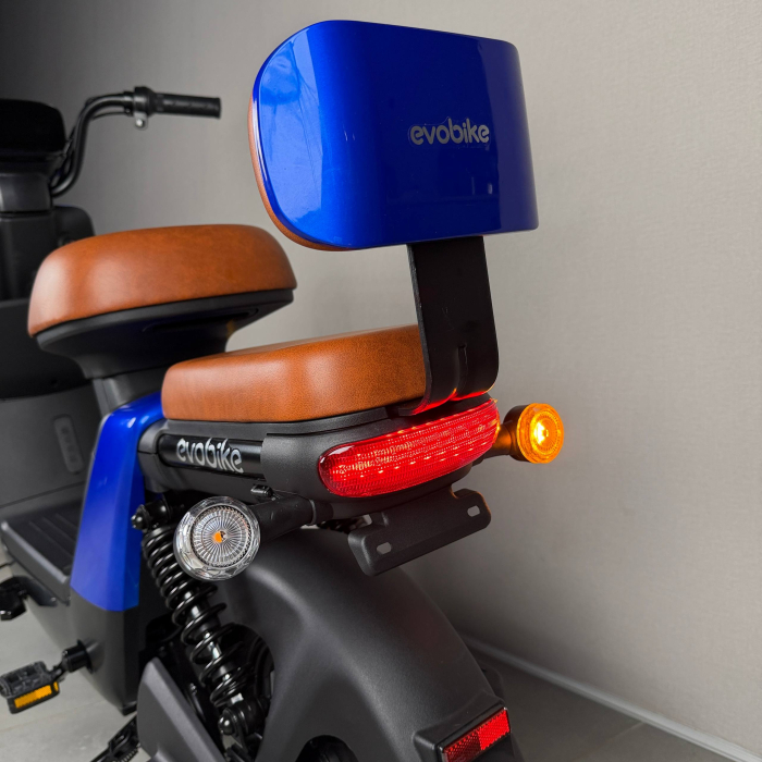EVOBIKE YOTA 800W 48V 20Ah синій — двомісний міський електровелосипед із графеновим акумулятором, переднім металевим кошиком, подвійною амортизацією, LED-дисплеєм, сигналізацією, поворотниками, до 35 км/год