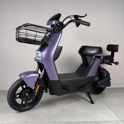 EVOBIKE YOTA 800W 48V 20Ah фіолетовий — двомісний міський електровелосипед із графеновим акумулятором, переднім металевим кошиком, подвійною амортизацією, LED-дисплеєм, сигналізацією, поворотниками, до 35 км/год