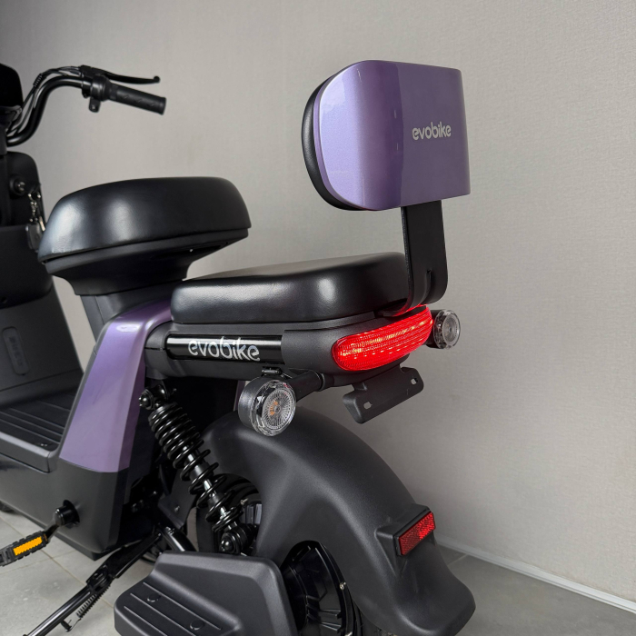 EVOBIKE YOTA 800W 48V 20Ah фіолетовий — двомісний міський електровелосипед із графеновим акумулятором, переднім металевим кошиком, подвійною амортизацією, LED-дисплеєм, сигналізацією, поворотниками, до 35 км/год