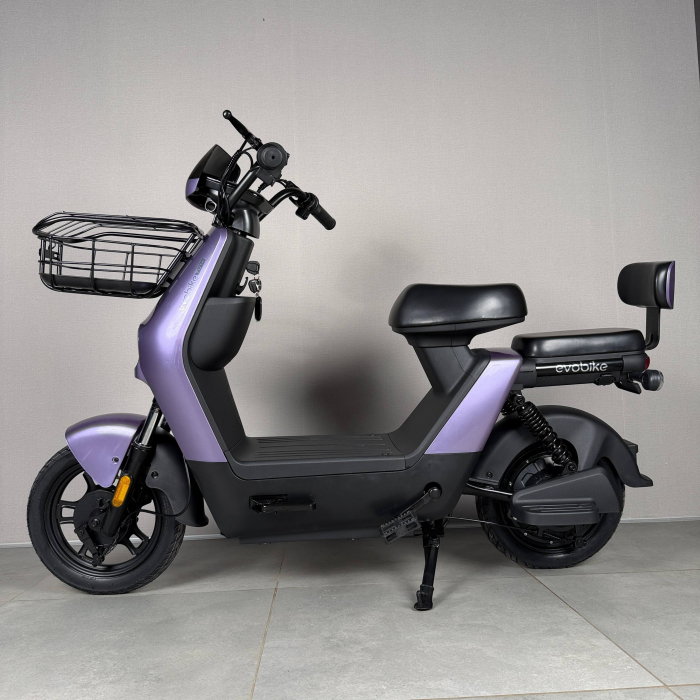EVOBIKE YOTA 800W 48V 20Ah фіолетовий — двомісний міський електровелосипед із графеновим акумулятором, переднім металевим кошиком, подвійною амортизацією, LED-дисплеєм, сигналізацією, поворотниками, до 35 км/год